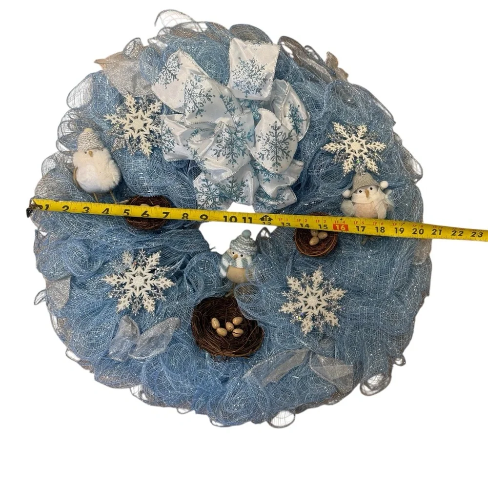 Handmade Winter Bird Deco Mesh Wreath Blue, White & Snowflake Decor 21